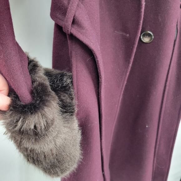 French Connection XS Fur Coat Collar Single Breasted Midi Maxi Purple Wine - Picture 3 of 7